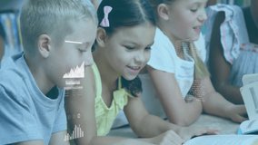 School children reading book in library, sparking line graphs bar charts rising around group. Youth, education, collaboration, data visualization, literacy, learning, innovation - Powered by Shutterstock - Get 15% off with code: PIKWIZARD15