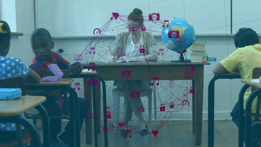 teacher writing notes while student picking purple tablet and tapping overlay enhancing education. Education, classroom, technology, learning, teamwork, knowledge, digital - Powered by Shutterstock - Get 15% off with code: PIKWIZARD15