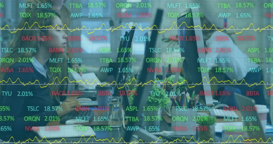 Woman typing in office cubicle, reacting to spike by zooming stock chart overlay for analysis. Finance, technology, data, analytics, business, productivity, corporate