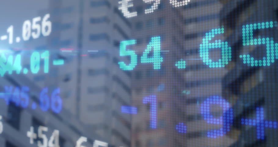 Initiating ticker showing green 54.65+ then cycling currency visualizing changes over office facade. Finance, technology, stockmarket, data visualization, urban, modern, business