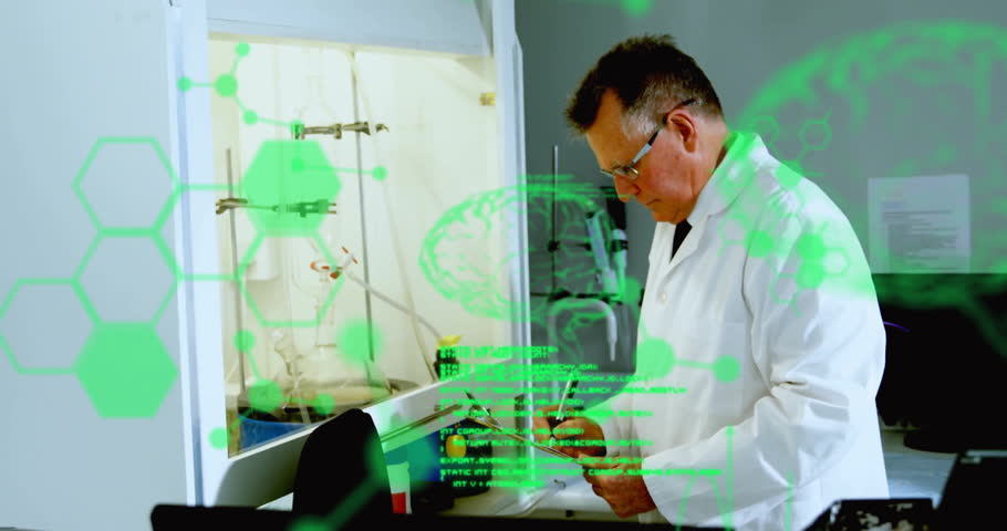 Copper coil and gauges launching AR overlays scientist tuning valve and logging data in tech lab. Laboratory, research, innovation, technology, analytics, precision, science