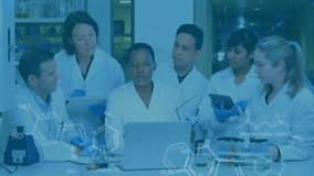 lab researchers operating laptop while discussing findings and animated chemical formulas appearing. Scientists, collaboration, innovation, molecular, analysis, instrumentation, data visualization - Powered by Shutterstock - Get 15% off with code: PIKWIZARD15