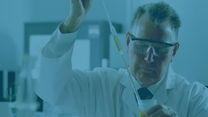 Senior scientist selecting pipette and aspirating solution, generating green DNA helix for research. Science, innovation, laboratory, biotechnology, research, technology, precision