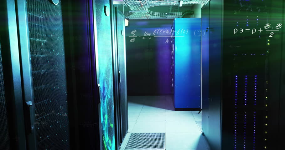Upon startup server rack corridor showing floating equations visualizing data flow in flat design. Technology, data, innovation, coding, connectivity, circuitry, digital