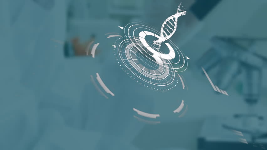 Lab technician placing sample on microscope, holographic rings assembling and projecting DNA helix. Holography, biomedical, innovation, science, digital, futuristic, technology - Powered by Shutterstock - Get 15% off with code: PIKWIZARD15