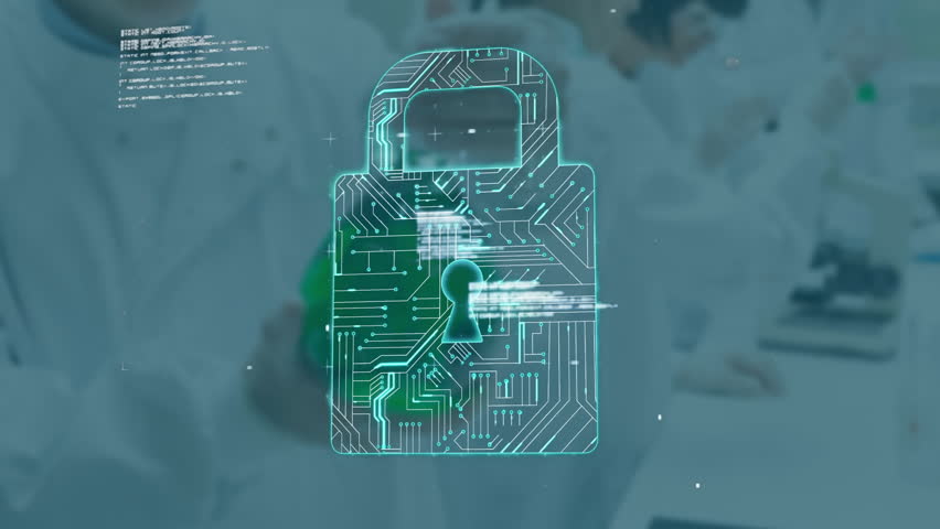 Lab technicians watching data squares multiplying into holographic padlock visualizing security. Futuristic, cybersecurity, innovation, digital, technology, analysis, science - Powered by Shutterstock - Get 15% off with code: PIKWIZARD15
