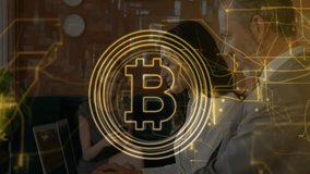 Team typing laptops at cafe and peer scrolling phone initiating circuitry forming Bitcoin emblem. Collaboration, innovation, technology, digital, urban, workspace, connectivity - Powered by Shutterstock - Get 15% off with code: PIKWIZARD15