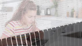 Girl typing on laptop in kitchen, generating 3D bar chart and white trend line for education. Child, technology, data, analysis, learning, home, digital - Powered by Shutterstock - Get 15% off with code: PIKWIZARD15