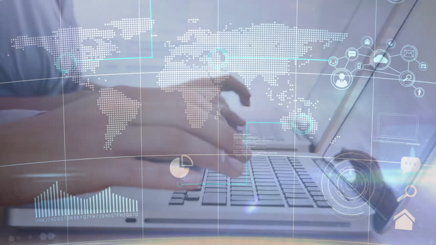Overlay appearing and hands typing highlighting map regions and pulsing charts visualizing data. Technology, analytics, data visualization, digital interface, business, remote work, connectivity - Powered by Shutterstock - Get 15% off with code: PIKWIZARD15