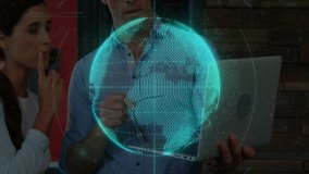 Coworkers pointing at laptop projecting 3D globe coding and linking tech icons diagramming network. Collaboration, innovation, digital, futuristic, connectivity, teamwork, technology - Powered by Shutterstock - Get 15% off with code: PIKWIZARD15