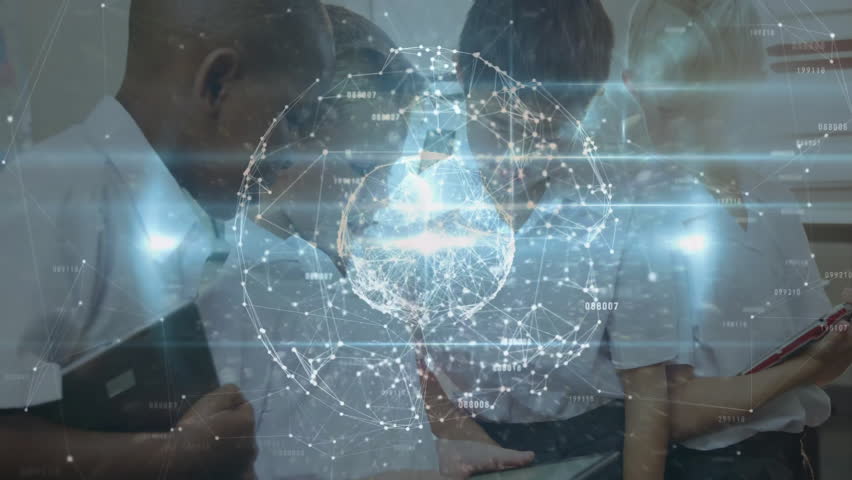 4 schoolboys around tablet tapping screen and activating rotating hologram to explore network data. Futuristic, collaboration, technology, education, innovation, digital, interactive - Powered by Shutterstock - Get 15% off with code: PIKWIZARD15