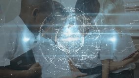 4 schoolboys around tablet tapping screen and activating rotating hologram to explore network data. Futuristic, collaboration, technology, education, innovation, digital, interactive - Powered by Shutterstock - Get 15% off with code: PIKWIZARD15