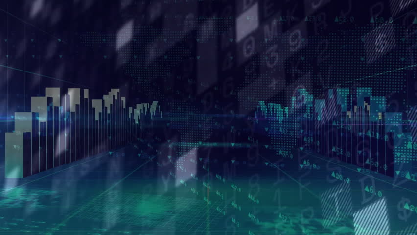 Squares bars and line graphs emerging causing globe rotating and ring pulsing showing yearly trends. Technology, data visualization, digital animation, analytics, futurism, innovation, financial - Powered by Shutterstock - Get 15% off with code: PIKWIZARD15