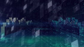 Squares bars and line graphs emerging causing globe rotating and ring pulsing showing yearly trends. Technology, data visualization, digital animation, analytics, futurism, innovation, financial - Powered by Shutterstock - Get 15% off with code: PIKWIZARD15