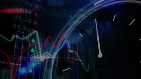 Upon clock face emerging, red and cyan graphs tracing shifting data peaks for trend insight. Analytics, visualization, futuristic, digital, technology, infographics, motion graphics - Powered by Shutterstock - Get 15% off with code: PIKWIZARD15