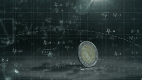Coin entering frame and spinning on tabletop while grid and math formulas emerging showing science. Dynamic, research, futuristic, analytical, abstract, innovation, precision - Powered by Shutterstock - Get 15% off with code: PIKWIZARD15