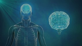 Rotating skeleton showing padlock unlocking, camera morphing into bulb generating brain insight. Anatomy, technology, innovation, neuroscience, visualization, cybersecurity, data - Powered by Shutterstock - Get 15% off with code: PIKWIZARD15