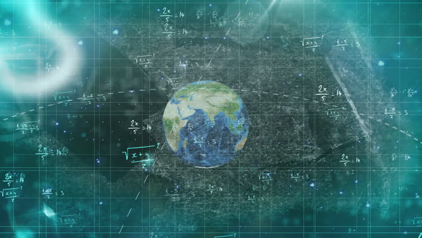 Teal grid filling frame starting globe emerging and rotating as equations swirling visualizing data. Futuristic, abstract, technology, data visualization, digital, scientific, innovation - Powered by Shutterstock - Get 15% off with code: PIKWIZARD15