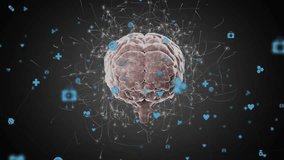Glowing neural lines driving brain rotating while medical icons orbit showing brain connectivity. Neuroscience, data visualization, digital health, cognitive, technological, innovation, medical - Powered by Shutterstock - Get 15% off with code: PIKWIZARD15