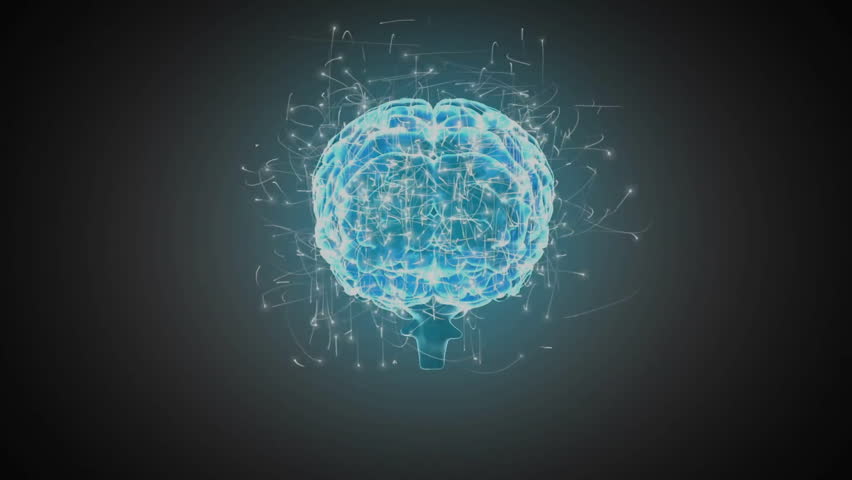 Neon-blue 3D brain materializing in field rotating pulsing glitch fading simulating neural activity. Neuroscience, technology, digital art, futurism, data visualization, innovation, computational