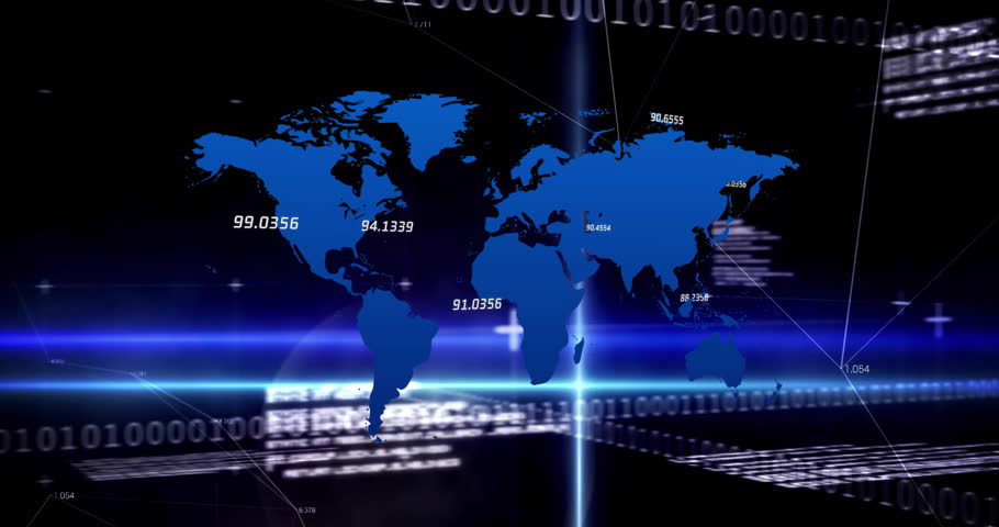 Horizontal beam scanning world map, linking points with pulsing graphs showing financial dashboard. Technology, data, analytics, network, innovation, digital, finance
