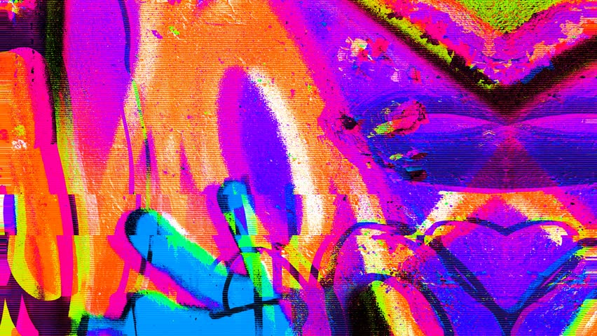 4k seamless looped VJ animation of Vibrant abstract glitch art in neon pink yellow blue. Retro 80s, 90s style, psychedelic distortions, digital art texture, modern 90s, 2000s, Y2K creative visuals
