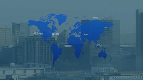 Upon start, blue world map overlay fading in over skyline, labels pulsing, visualizing distribution. Geospatial, data visualization, urban, futuristic, digital, analytics, technology - Powered by Shutterstock - Get 15% off with code: PIKWIZARD15