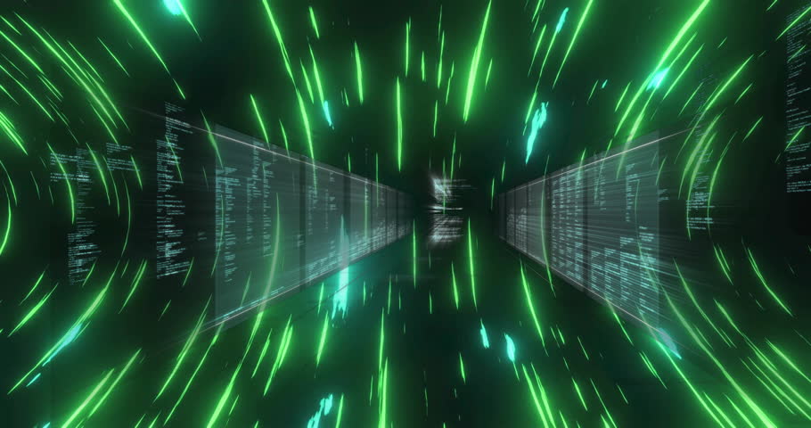 Neon-green streaks appearing along code panels and moving inward illustrating data transfer tunnel. Cyber, futuristic, digital, technology, abstract, motion, neon