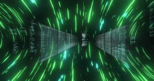Neon-green streaks appearing along code panels and moving inward illustrating data transfer tunnel. Cyber, futuristic, digital, technology, abstract, motion, neon - Powered by Shutterstock - Get 15% off with code: PIKWIZARD15