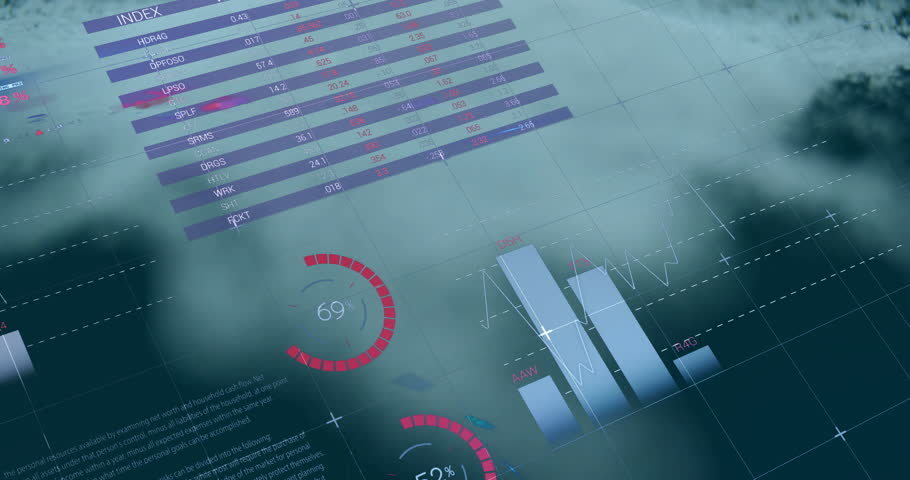 Starting with interface over fog, dashboard animating, waterfall flowing and loop repeating. Data, analytics, dashboard, visualization, ui, interface, technology