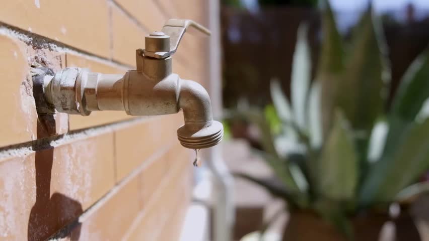 Close-up of an outdoor faucet leaking water against a red wall, with blurred background. Represents water conservation issues, plumbing, and the challenge of resource efficiency. Slow motion