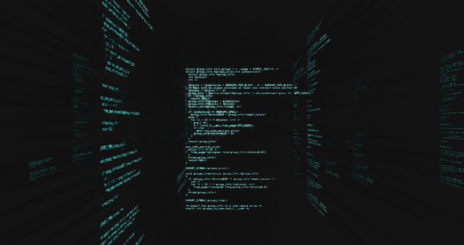 Code column appearing, extending into 3D logs, red bar scanning errors, turquoise streaks flashing. Cybersecurity, data visualization, digital analytics, high-tech, information technology, information