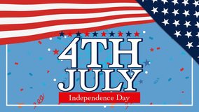 Patriotic animation with American flag, confetti, and bold text celebrating Independence Day in vibrant red, white, and blue - Powered by Shutterstock - Get 15% off with code: PIKWIZARD15