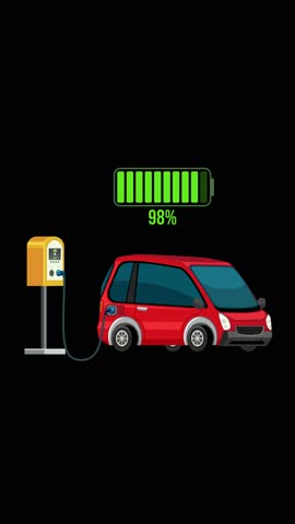 A red electric car charges at a station, displaying battery percentage increase from 4% to 100% on a black background