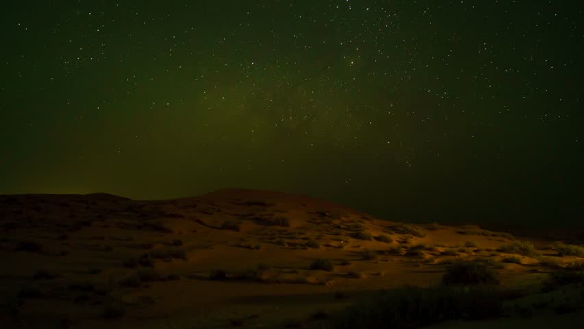 A captivating 4K Ultra HD time lapse of the Milky Way galaxy core ascending in the night sky over the serene dunes of the Al Qua