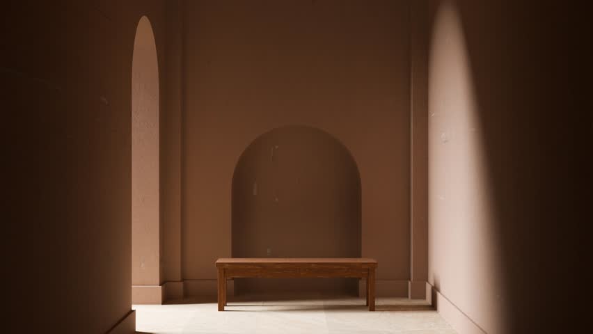 3d animation of wooden bench for product presentation placed near arched terracotta wall inside warm minimalist interior with soft light