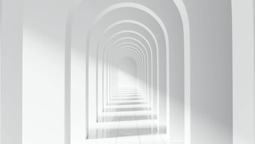3d animation of white interior corridor with repeating arches, clean lines, soft shadows and minimal abstract geometry