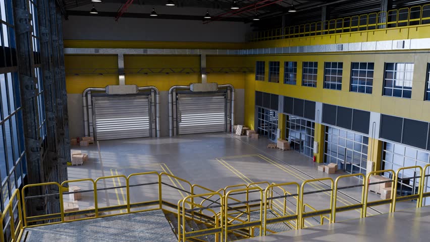 Sunlight illuminates an empty warehouse interior, revealing loading docks, cardboard boxes, and yellow safety railings