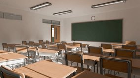 A welllit and organized classroom that features desks, comfortable chairs, and a green chalkboard for learning - Powered by Shutterstock - Get 15% off with code: PIKWIZARD15