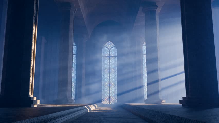 Soft light rays filtering through colorful stained glass, penetrating dense fog within historic church interior, creating ethereal atmospheric scene