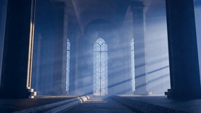 Soft light rays filtering through colorful stained glass, penetrating dense fog within historic church interior, creating ethereal atmospheric scene - Powered by Shutterstock - Get 15% off with code: PIKWIZARD15