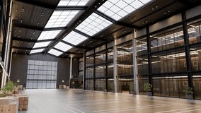 Bright sunlight streaming through skylights, revealing spacious modern warehouse interior with glass-walled offices and neatly packaged goods standing on clean industrial floor - Powered by Shutterstock - Get 15% off with code: PIKWIZARD15