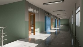 Bright sunlight streaming through windows, illuminating empty school corridor with gleaming lockers, casting soft shadows across clean, modern interior design - Powered by Shutterstock - Get 15% off with code: PIKWIZARD15