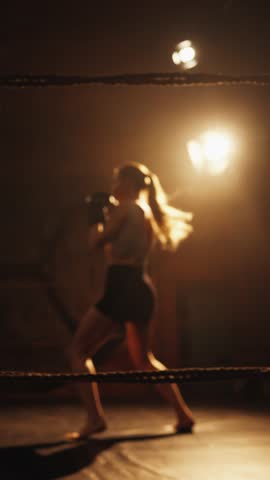 Cardio workout on boxing ring for stay slender, burn fat, female silhouette. Female fighter training hard in gym, practicing arms punches, striking punch bag, cinematic slow motion shot, do sport