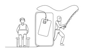 Self drawing animation of single one line drawing grandpa sits on sofa hold a laptop and thief hides behind smartphone. Personal data breach. National Senior Fraud Awareness Day. Full length animated - Powered by Shutterstock - Get 15% off with code: PIKWIZARD15
