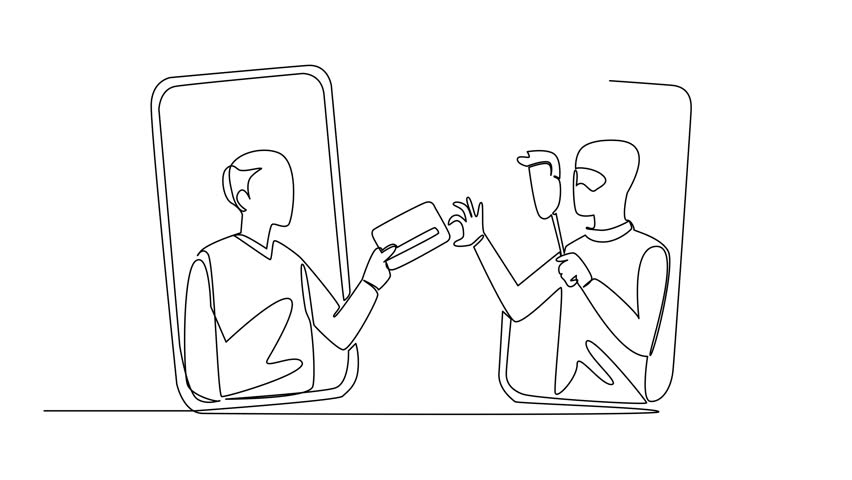 Animation of single one line drawing grandpa out of his smartphone and hands his credit card to a masked thief. National Fraud Awareness Day. Continuous line self drawing animated. Full length motion - Powered by Shutterstock - Get 15% off with code: PIKWIZARD15