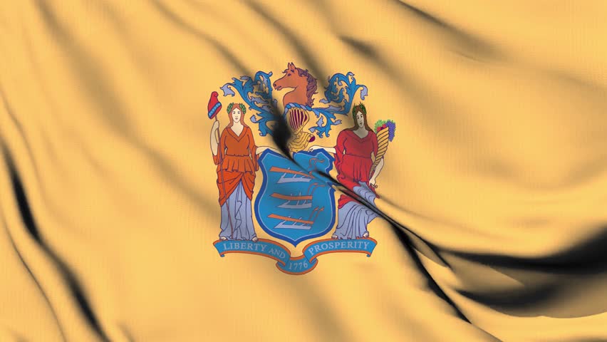 The New Jersey state flag waves in the wind.