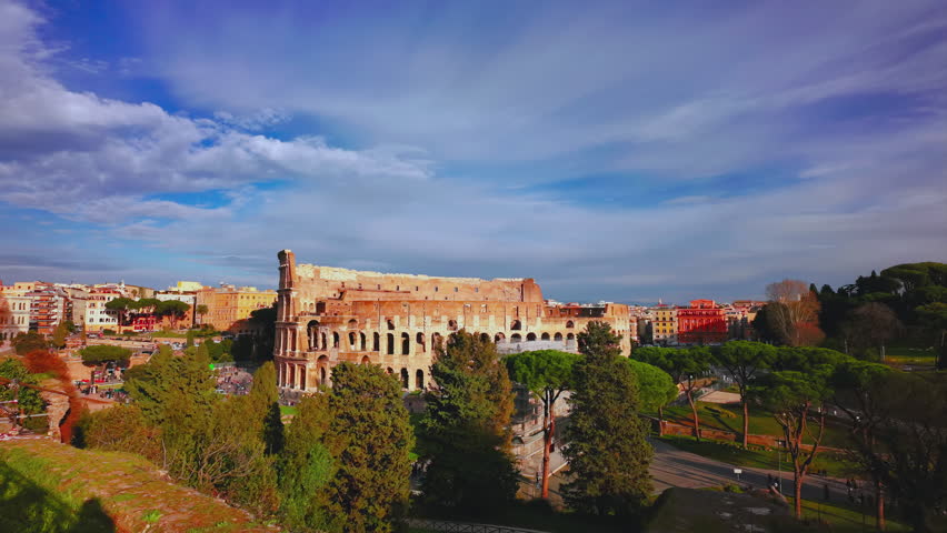 Colosseum timelapse, panorama from left to right, Rome, Italy