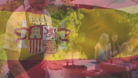 chef seasoning meat on grill poolside, flipping and explaining steps as friends sample food. Outdoor, leisure, cooking, social, relaxation, vibrant, lifestyle - Powered by Shutterstock - Get 15% off with code: PIKWIZARD15