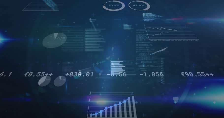 On startup grid showing scrolling tickers and rising charts while hand guiding market insights. Technology, digital, analytics, investment, data visualization, finance, interface